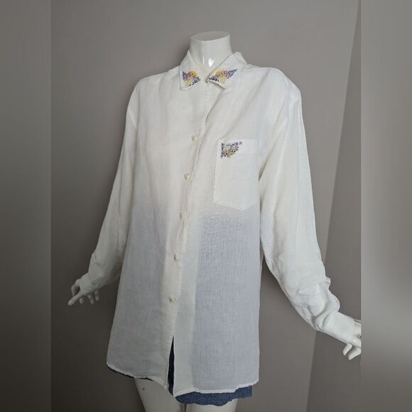 Vintage Tristan & Iseut White Rami Shirt – Floral Embroidered Collar – Size M Ov - Picture 1 of 10